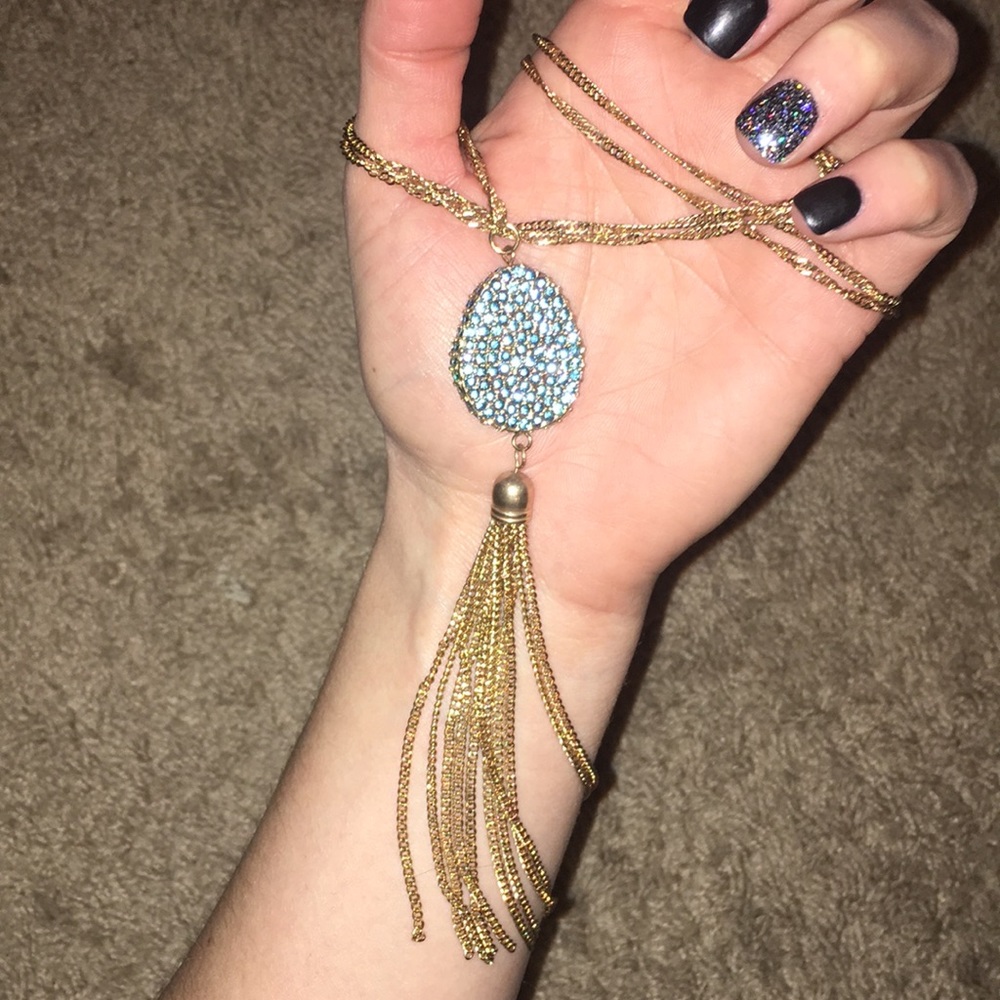 Long Necklace.  Gold w/blue stones.